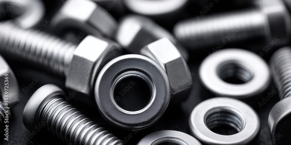 Close-up of hex bolts and nuts. mechanical fasteners for industrial hardware applications Close-up of hex bolts and nuts. mechanical fasteners for industrial hardware applications