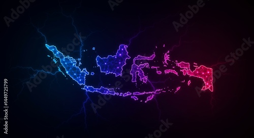 Illuminated indonesia archipelago map with energy tendrils emitting a mesmerizing glow