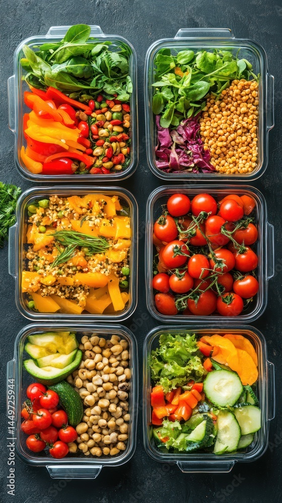 Healthy meal prep containers filled with various vegetables and grains. Healthy meal prep containers filled with various vegetables and grains.
