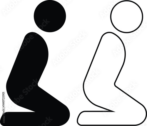 Perform Salat silhouette icons set in trendy black flat and outline styles. Muslim prayer symbols signs vectors illustration collection isolated on transparent background.