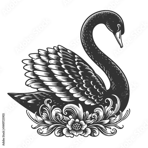 graceful black swan with spread wings nestled among blooming roses in tattoo-inspired design sketch engraving generative ai vector illustration. Scratch board imitation. Black and white image.
