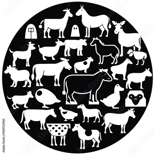 Vector Farm Animals Set. Silhouettes of Cow, Pig, Sheep, Lamb, Hen, Goat, Horse, Turkey. Design elements for emblem, poster, label. Farm Animals icons isolated on white background.Vector Farm Animals
