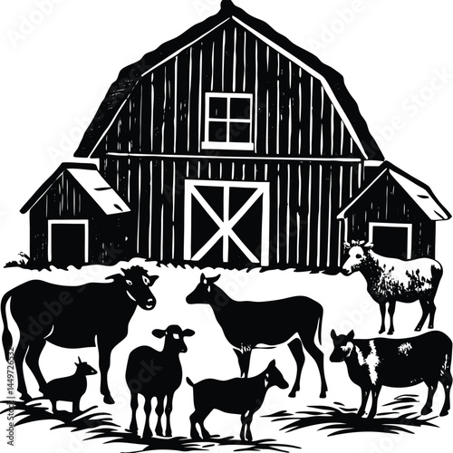Vector Farm Animals Set. Silhouettes of Cow, Pig, Sheep, Lamb, Hen, Goat, Horse, Turkey. Design elements for emblem, poster, label. Farm Animals icons isolated on white background.Vector Farm Animals

