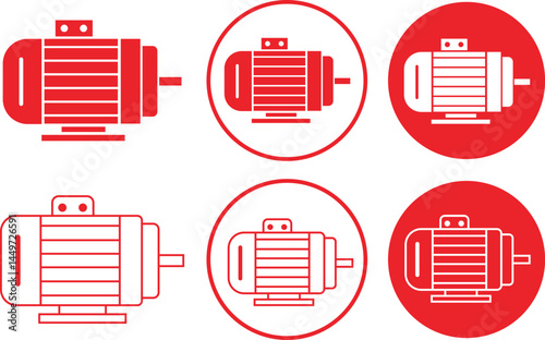 Electric motor icons set trendy red flat, outline styles. Ev car engine sign. Industrial dc electromotor vectors symbols suitable for mobile app, website, ui design isolated on transparent background.