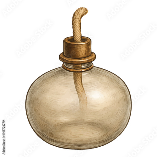 Reusable Oil Lamp Vector – Handmade Clear Glass Lamp with Wick and Brass Cap, Isolated
