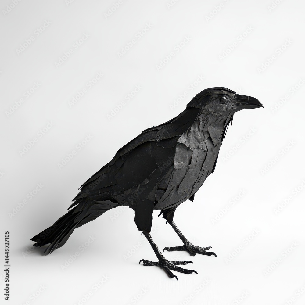 Fototapeta premium Black Low Poly Crow Model on White Background