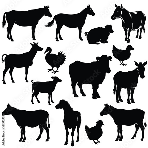 Vector Farm Animals Set. Silhouettes of Cow, Pig, Sheep, Lamb, Hen, Goat, Horse, Turkey. Design elements for emblem, poster, label. Farm Animals icons isolated on white background.Vector Farm Animals
