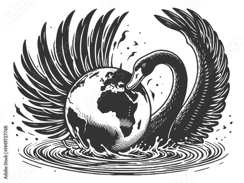 fierce black swan clutching the Earth with its talons, symbolizing unpredictable global disruption sketch engraving generative ai vector illustration. Scratch board imitation. Black and white image.