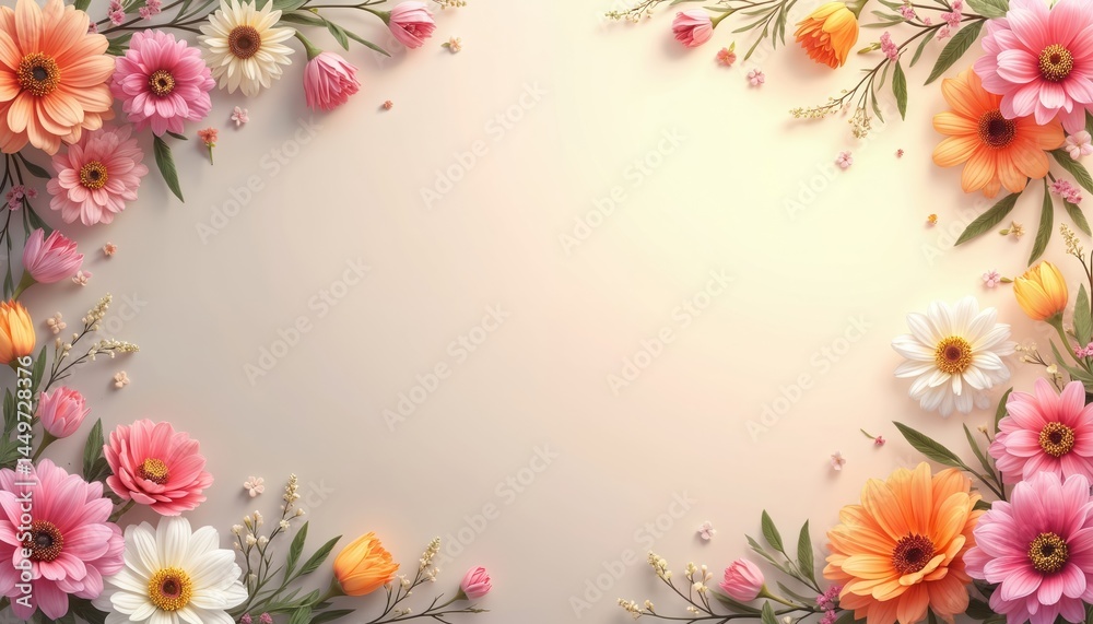 Floral frame illustration with spring, summer flowers. Pink, orange, white, yellow blossoms, green leaves. Beautiful natural ornament for wedding, greeting card, invitation design. Delicate romantic Floral frame illustration with spring, summer flowers. Pink, orange, white, yellow blossoms, green leaves. Beautiful natural ornament for wedding, greeting card, invitation design. Delicate romantic