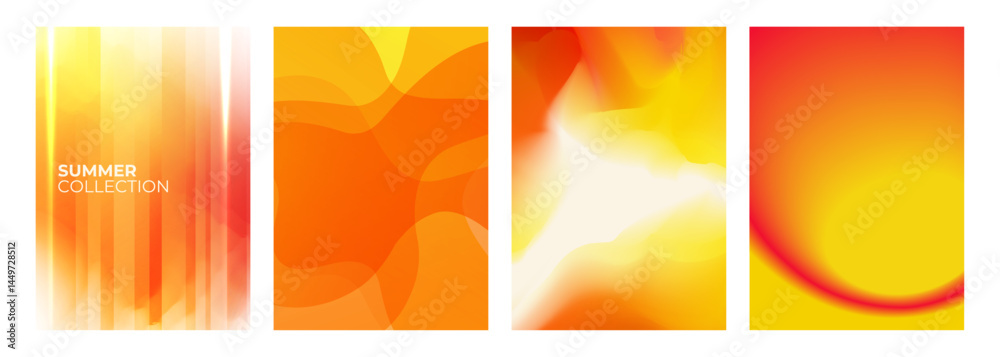 Obraz premium Set of Summer theme abstract backgrounds for Summertime season creative graphic design. Orange and yellow vibrant colors. Vector illustration.
