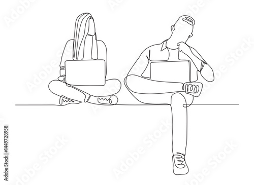 continuous one line art of a man sitting relaxed in front of a laptop with a woman. vector illustration