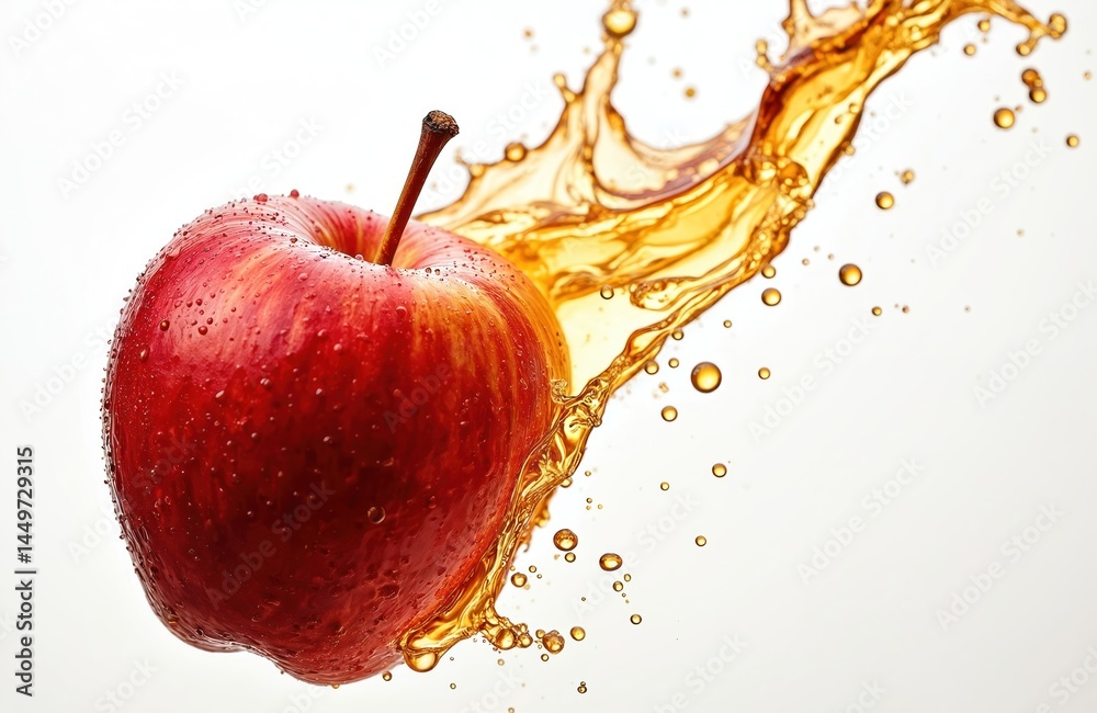Fresh red apple with juice splash isolated on white background. Juicy fruit and drink. Bursting liquid wave in motion. Healthy organic food, refreshment, vitamins.