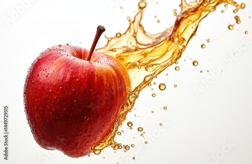 Obraz na płótnie Fresh red apple with juice splash isolated on white background. Juicy fruit and drink. Bursting liquid wave in motion. Healthy organic food, refreshment, vitamins. w salonie