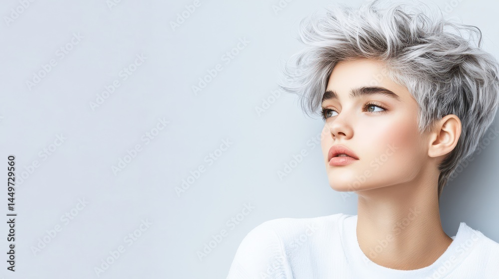 Elegance in the Glance: A striking young woman with silver hair and poised gaze against a simple, clean backdrop. Reflecting beauty and confidence, her style, expression.