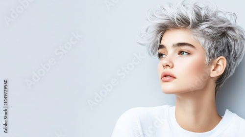 Obraz na płótnie Elegance in the Glance: A striking young woman with silver hair and poised gaze against a simple, clean backdrop. Reflecting beauty and confidence, her style, expression. w salonie
