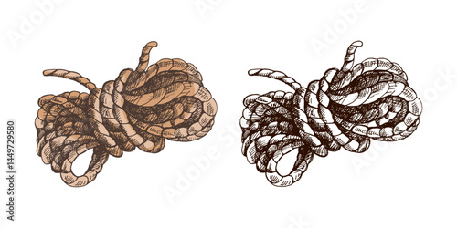 Hand drawn vintage colored and black sketch of coiled rope knot for camping, sailing and western adventure design