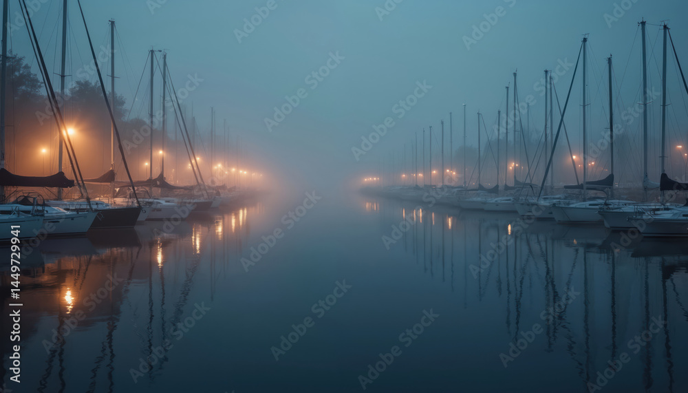 Foggy dawn harbor scene with sailboats moored. Lights reflect in calm water, creating tranquil atmosphere. Misty morning view ideal for travel brochures, evoking calm peaceful mood during holiday