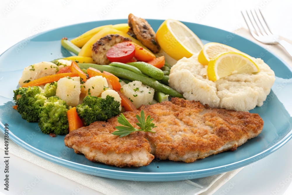 Delicious Fried Steak Fish With Vegetables on Blue Plate Generative AI Delicious Fried Steak Fish With Vegetables on Blue Plate Generative AI
