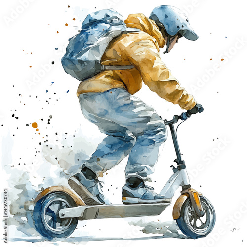 illustration of Motorized Scooter Racing Through A Park, watercolor vector, isolated on a white background.