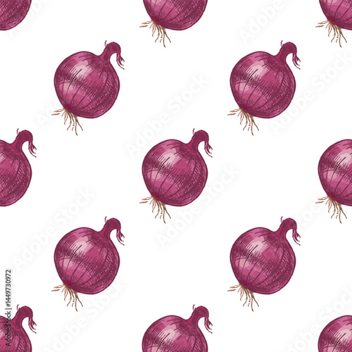 Hand drawn vintage colored sketch seamless pattern of onion bulbs in