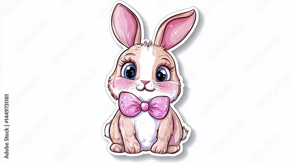 Fototapeta premium Cute cartoon rabbit with big eyes and pink bow tie, perfect for stickers or children designs, radiating joy and playfulness