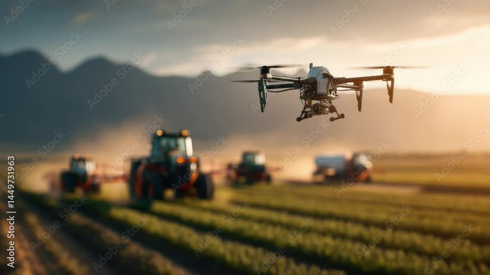 Drone Agriculture Survey: A drone hovers over a vast agricultural field, with tractors in the background, capturing the essence of modern farming technology. Drone Agriculture Survey: A drone hovers over a vast agricultural field, with tractors in the background, capturing the essence of modern farming technology.