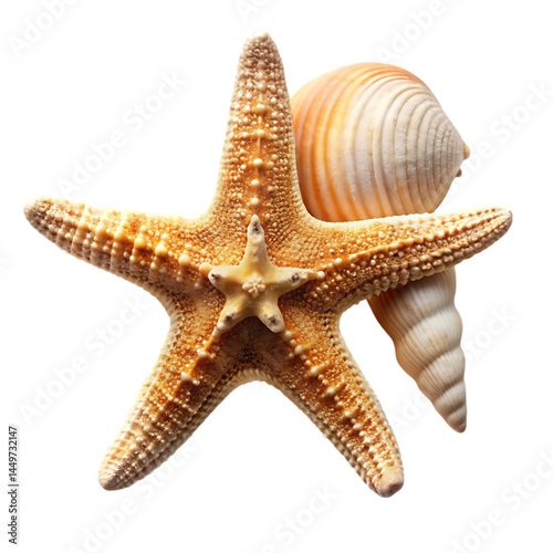 Beautiful Starfish and Seashells on White Background