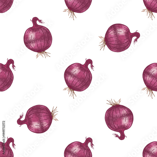 Hand drawn vintage colored sketch seamless pattern of onion bulbs in