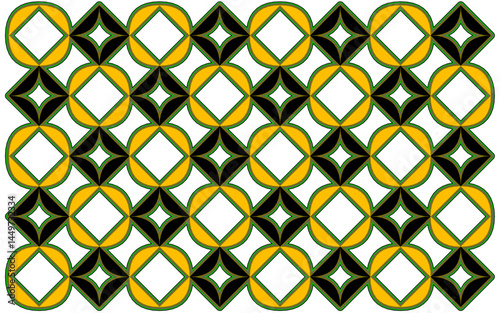 seamless geometric pattern design with isolated on white background. Modern Geometric Pattern: Alternating Rows of Black Stars and Yellow-Green Rounded Squares on a White Surface