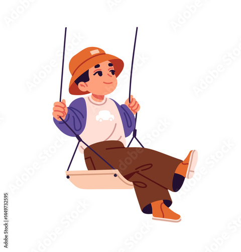 Happy kid swings on childish playground. Cute child sits, rides on hanged on rope plank. Joyful little boy has fun, plays, rejoices outdoors. Flat isolated vector illustration on white background