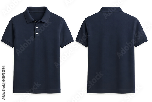 Classic navy blue polo shirt mockup showing front and back view of short sleeve cotton top with buttons and collar isolated on transparent background for apparel branding and design use