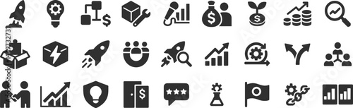 Startup innovation glyph icon set. Vector pictograms of gear, light bulb, flowchart, graph, investor, capital, money, bag, feedback, team, handshake, shield, black sign silhouette illustration.