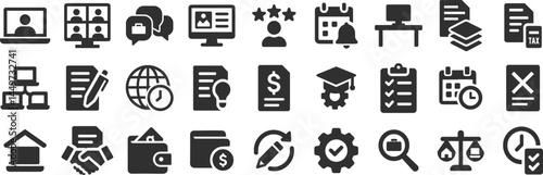 Freelance remote glyph icon set. Vector pictograms of house, pen, speech bubble, briefcase, document, portfolio, monitor, desk, computer, black sign silhouette illustration.