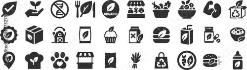 Organic food glyph icon set. Vector pictograms of vegan meal, vegetables, fruit basket, berries, superfood, protein, bean, recyclable packaging, dairy free, burger, black sign silhouette illustration.