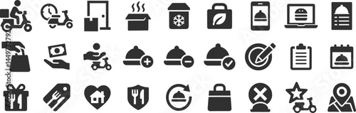 Food delivery service glyph icon set. Vector pictograms of burger, menu, pencil, add, remove, checkmark, rider, package, snowflake, leaf, eco bag, black sign silhouette illustration.