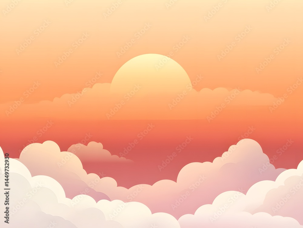 Fototapeta premium Dreamy Sunset Sky Vector Illustration: Serene Orange and Pink Clouds Create a Beautiful Warm Landscape