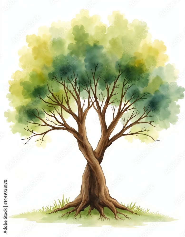 Watercolor painting of intertwined trees, conveying themes of love, connection, oneness. Green, yellow, brown colors. Delicate art soft flowing style, botanical, floral, organic design. Ideal for