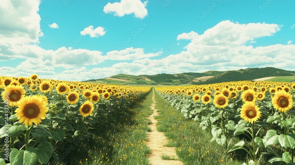 Fototapeta premium A narrow trail between glowing sunflower rows under a gentle blue sky gradient