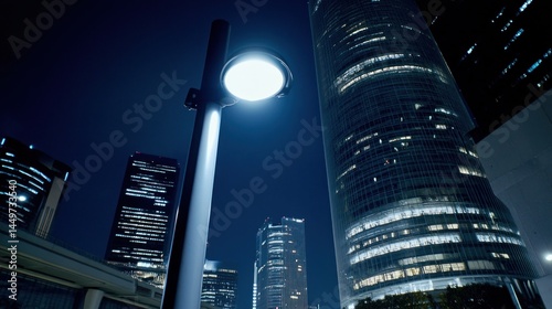 Low angle view of modern city streetlight at night. photo
