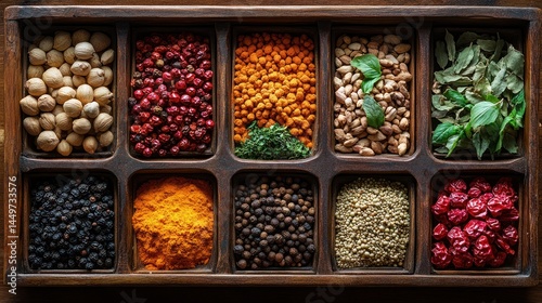 Wallpaper Mural Assortment of spices and herbs in a wooden divided box viewed from above. Torontodigital.ca