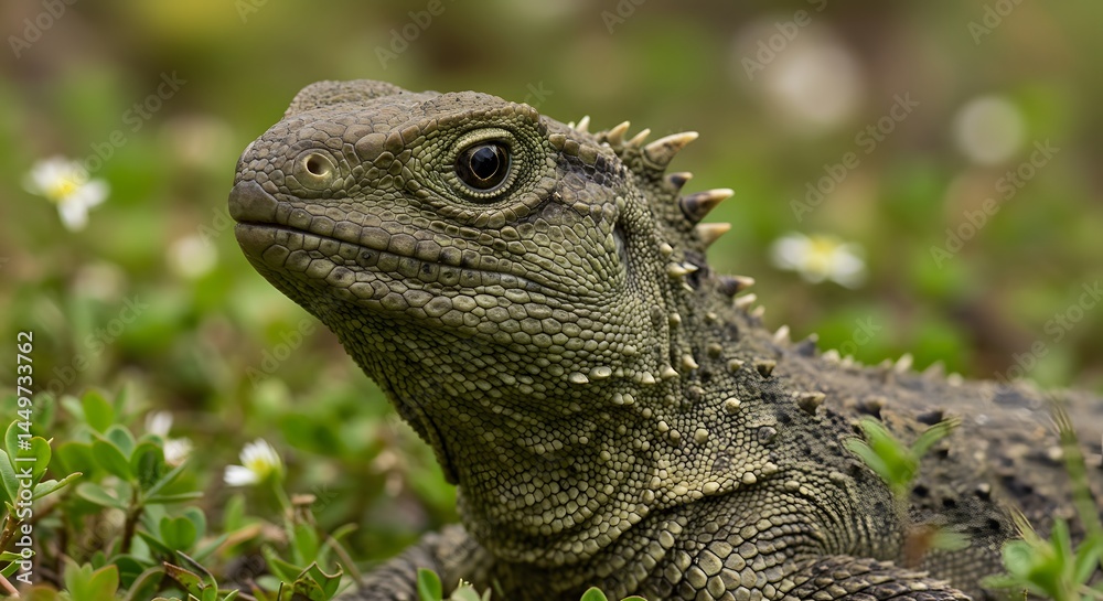 Obraz premium AI image provides a detailed close-up of a green Tuatara reptile, showcasing its scaly texture and eye amidst blurred green foliage