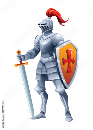 Knight in armor holding sword and shield, standing in a strong pose. Vector cartoon character illustration