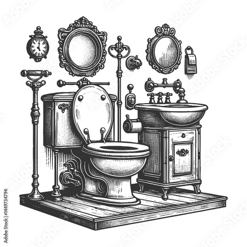 antique toilet surrounded by elegant decorative elements, including plants, plunger, and paper holder sketch engraving generative ai vector illustration. Scratch board imitation. Black and white image