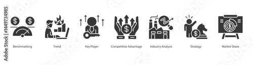 Industry Competitive icon sheet web vector illustration benchmarking, trend, key player, competitive advantage, industry analysis, strategy, market share