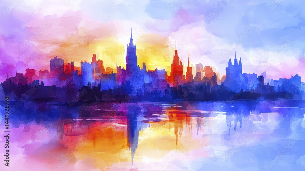 Obraz premium vibrant watercolor painting of city skyline at sunset, showcasing colorful hues of blue, purple, and orange reflecting on water