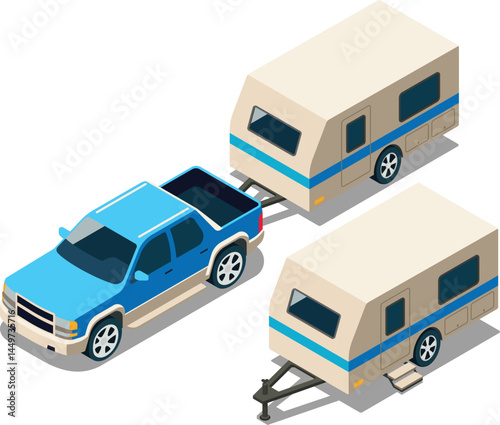 Isometric caravan trailer attached to pickup truck