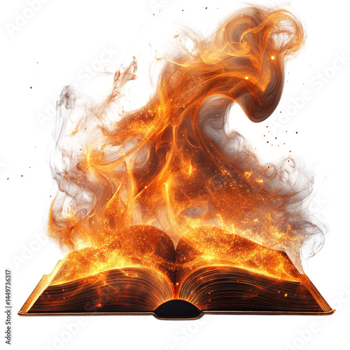 Ancient magic book with swirling multicolored smoke on transparent background 