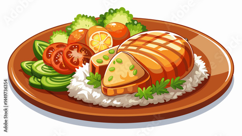 Juicy roast chicken filet meets fluffy rice.
Accompanied by crunchy steamed vegetables.
Ideal combination for healthy eating visuals.
Isolated for clean and flexible vector use.

