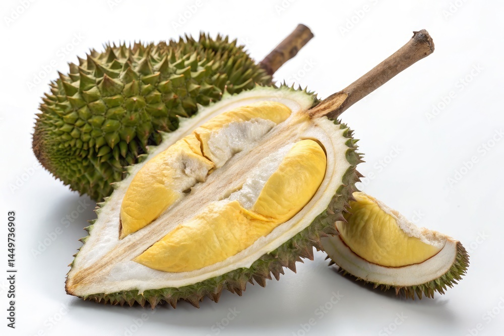 Fototapeta premium Durian Fruit Cut Open Showcasing Bright Yellow Flesh Generative AI