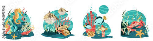 композициииMarine Life Flat Design Set Featuring Pufferfish, tropical fish, Seahorse and Crab on Coral Reef with Seaweed Isolated on White Background. Vector Illustration Collection for Ocean Co океан